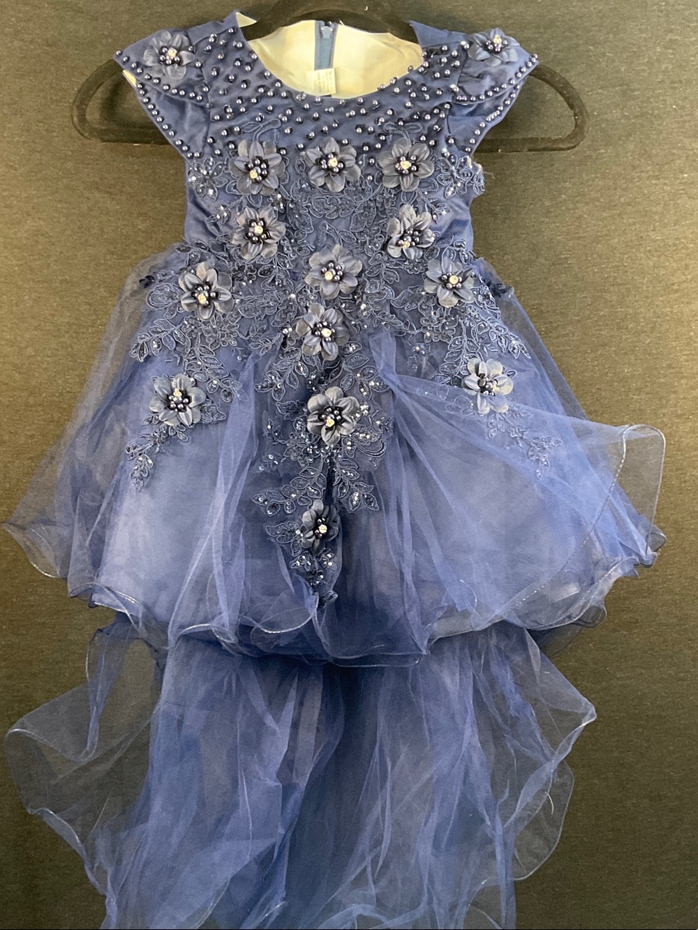 Girls Blue Floral Appliqué Tulle Party Dress